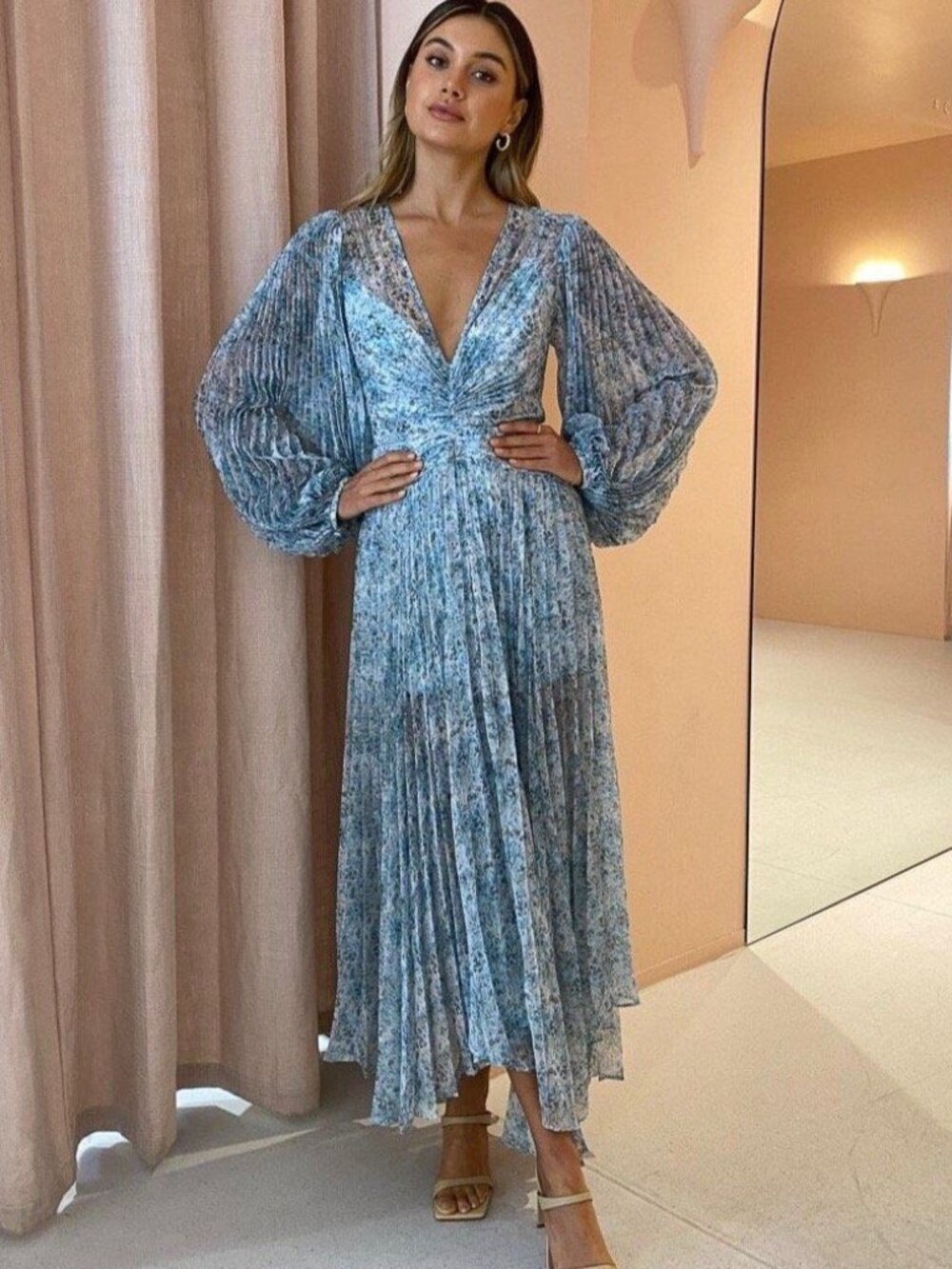 Acler Palms Blue Floral Pleated Maxi Dress Size S